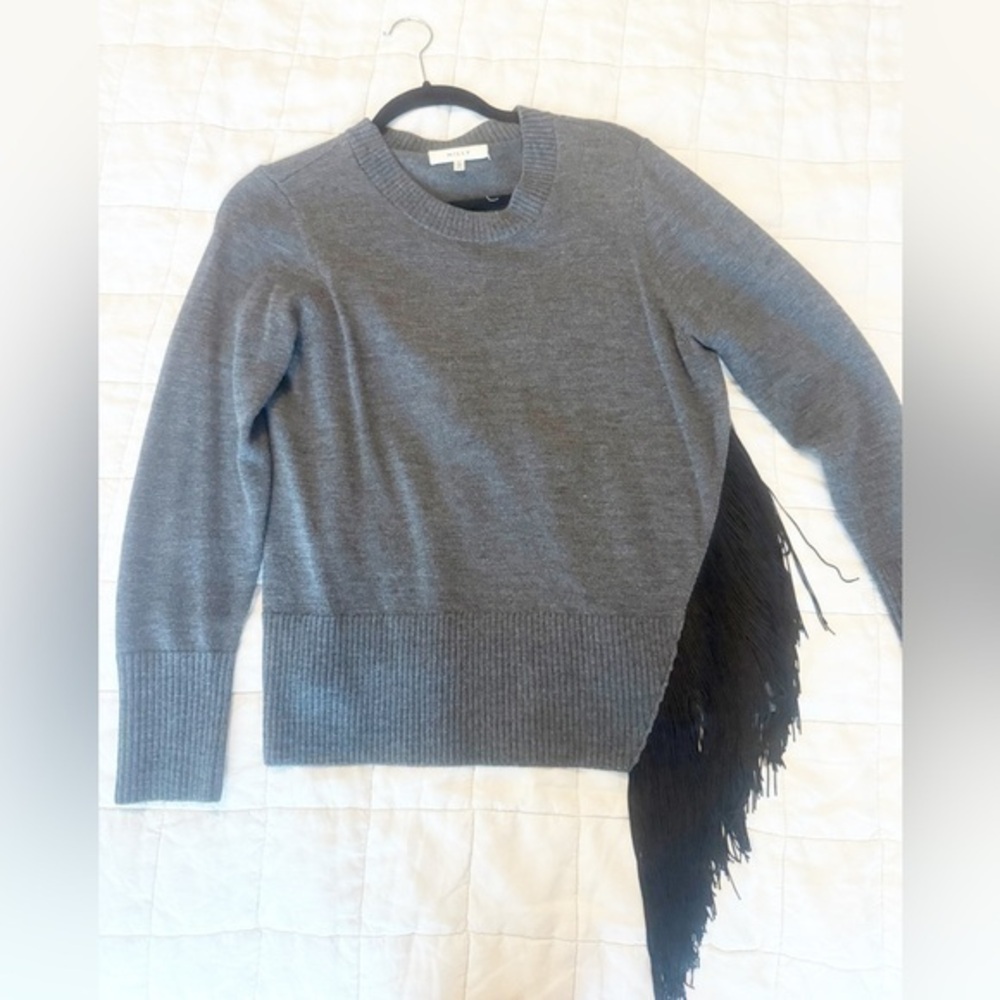 Milly Grey Wool Sweater with Black Fringe Detail - Women’s Size Large